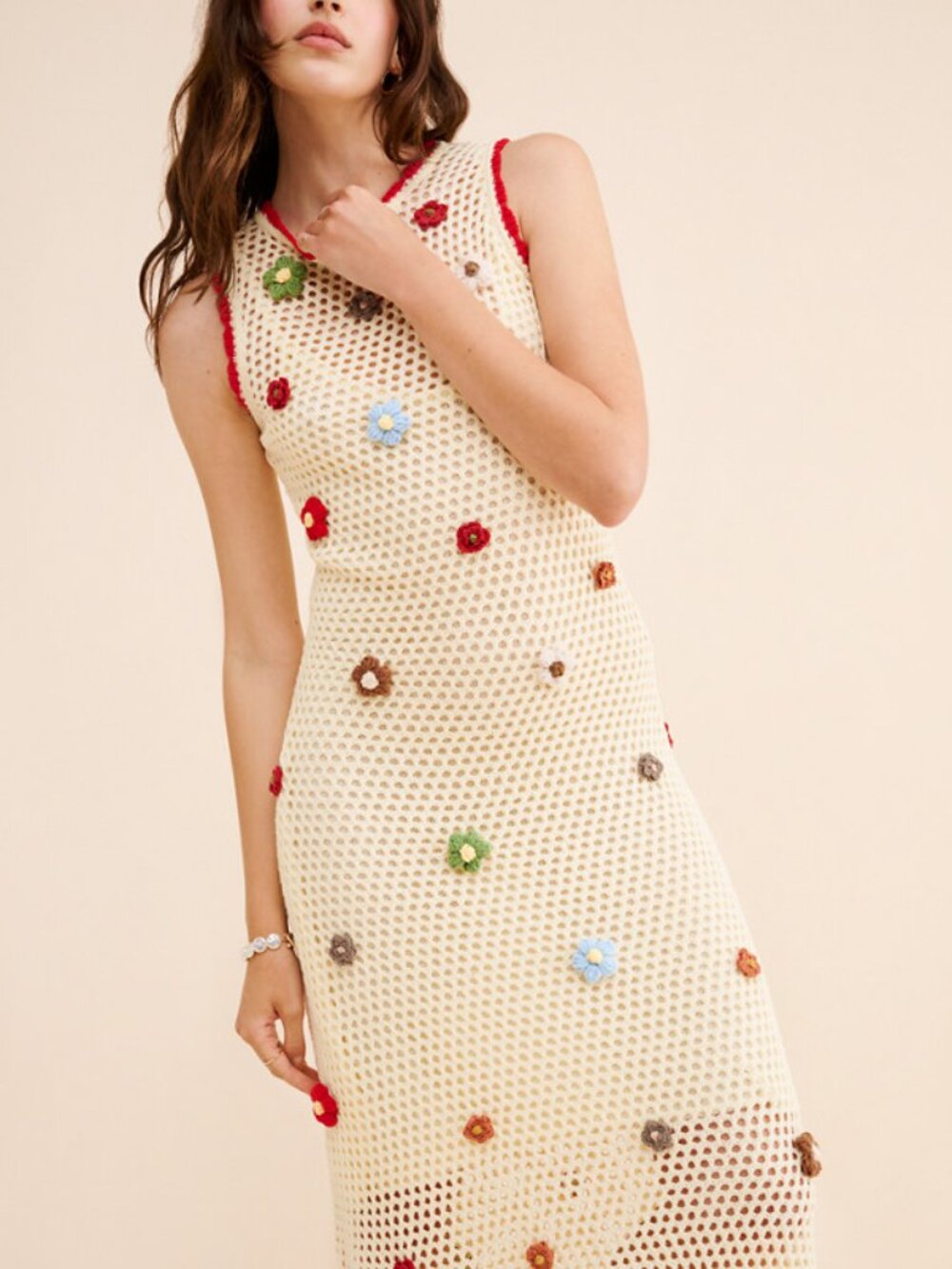Callahan Cream Crochet Maxi Dress with Multicolor Flower Appliqués